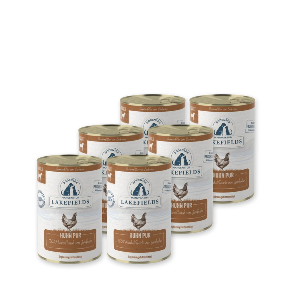 Sechs Dosen Lakefields Nassfutter "Huhn Pur" mit Hahn-Bild, 100% reines Hühnerfleisch für Hunde.