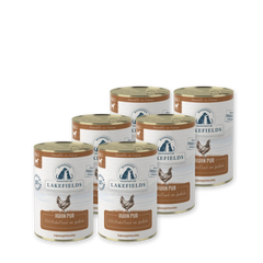 Sechs Dosen Lakefields Nassfutter "Huhn Pur" mit Hahn-Bild, 100% reines Hühnerfleisch für Hunde.
