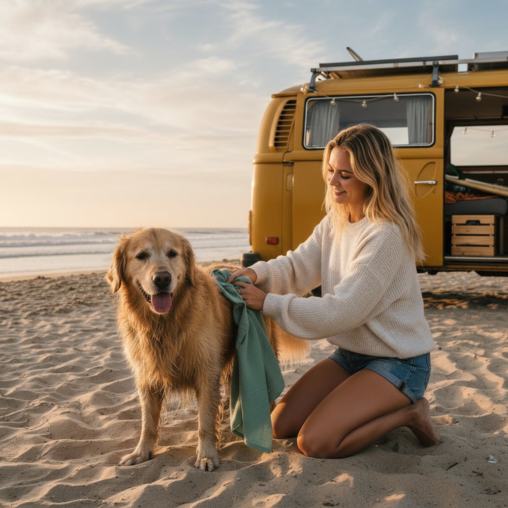 Frau trocknet ihren Golden Retriever mit dem Hundehandtuch 'Sparkle' am Strand in der Sonne.