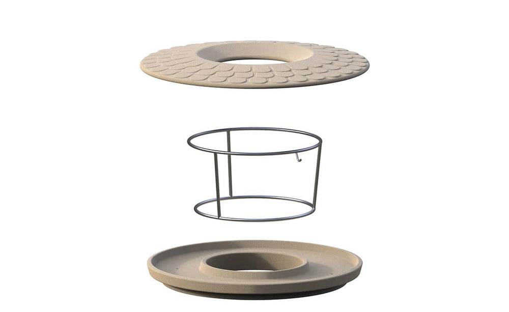 "Zerlegbares Futterhaus Granicium mit runder Platte, Metallrahmen und flacher Schale für Vögel."