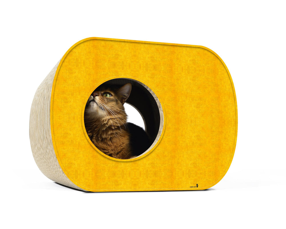 "Orange Katzenhaus mit runder Öffnung, aus der eine Katze neugierig herausblickt, strukturierte Oberfläche."