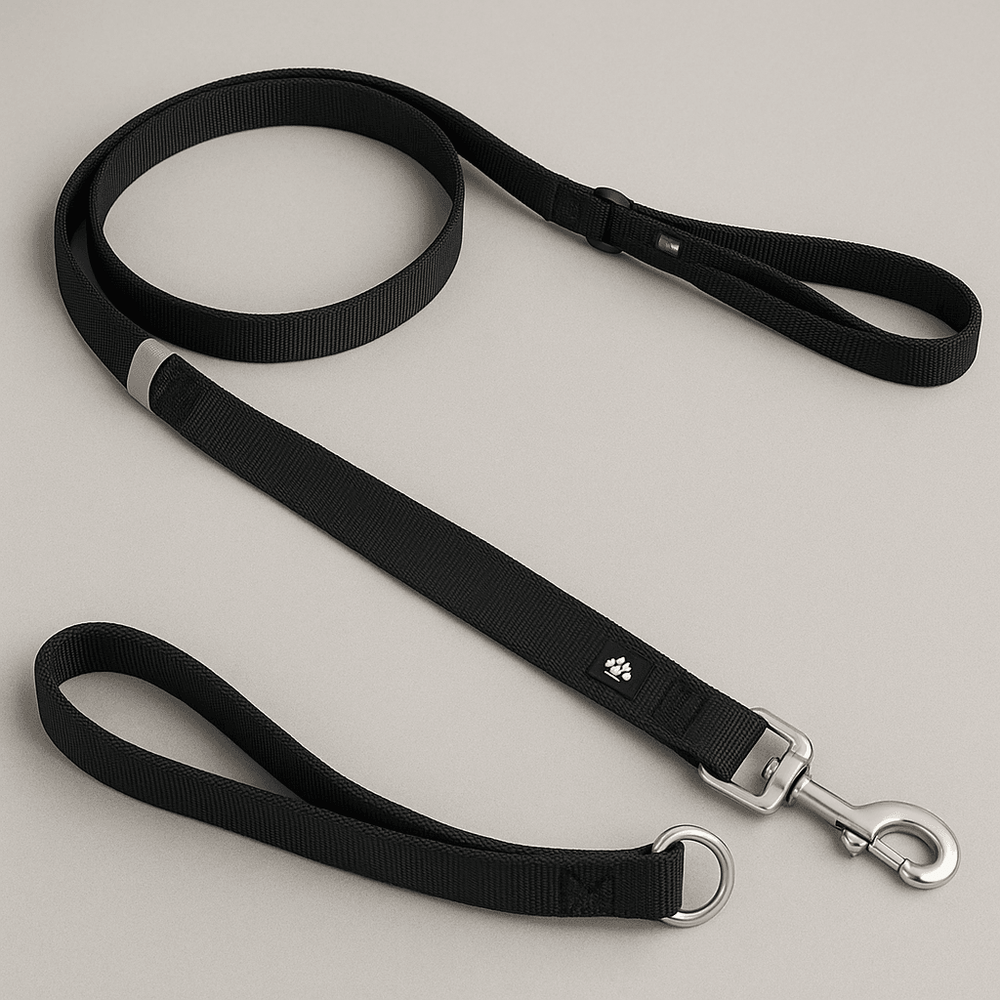 Schwarze strapazierfähige Nylon-Hundeleine mit stabilem Karabinerhaken und Hand-Schlaufe für sicheren Halt.