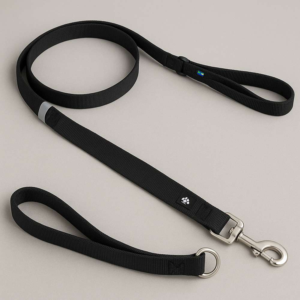Schwarze strapazierfähige Nylon-Hundeleine mit stabilem Karabinerhaken und Hand-Schlaufe für sicheren Halt.