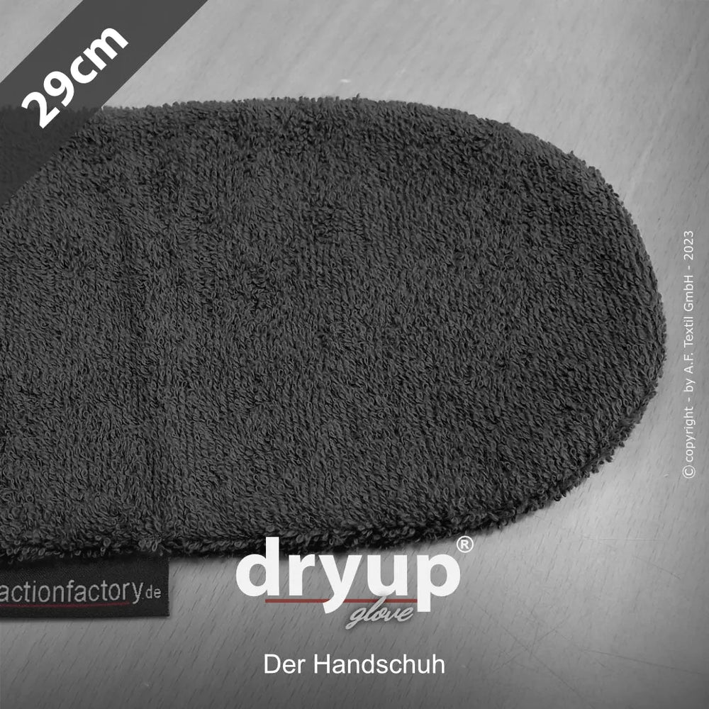 Flauschiger Dryup® Handschuh in dunkler Farbe, 29 cm lang, mit ovaler Form und Markenlogo.