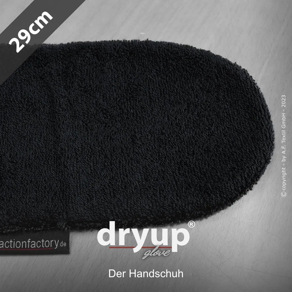 Schwarzer Dryup® Handschuh aus flauschigem Material mit Logo und Schriftzug, Länge 29 cm, auf schlichtem Hintergrund.