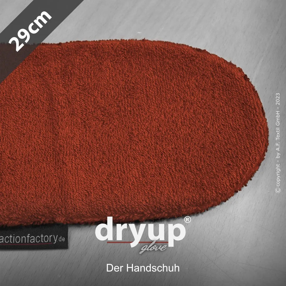 Rot-orangefarbiger Dryup® Glove aus weichem Material, 29 cm lang, ideal zum Trocknen von Händen oder Geschirr.