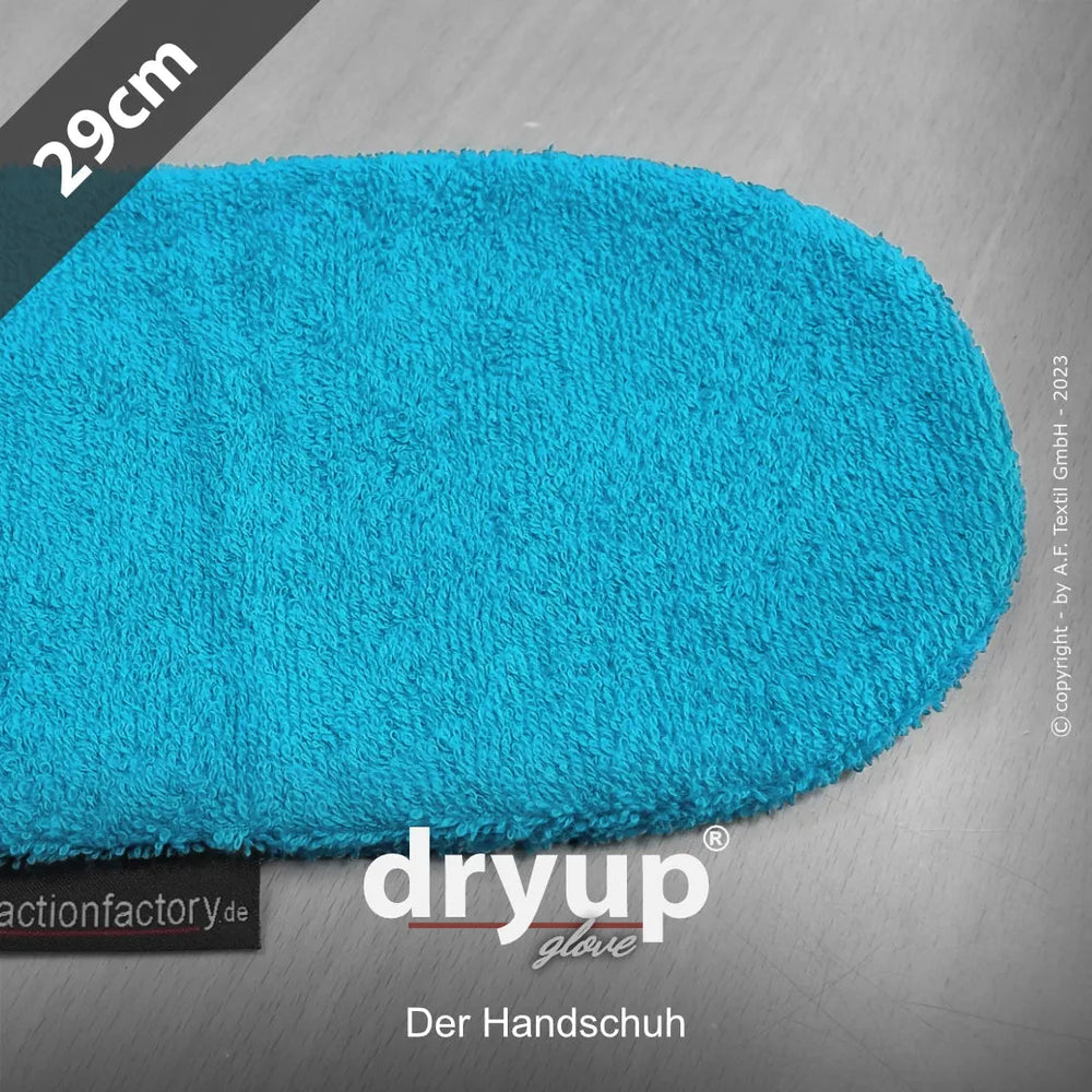 Blaue Dryup® Handschuhe aus frotteeartigem Material, 29 cm lang, mit auffälligem Logo für optimale Trocknung.