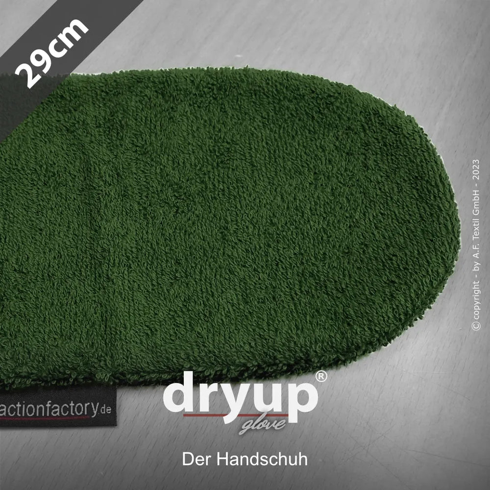 Grüner Dryup® Handschuh aus weichem Material, oval geformt, 29 cm, mit Logo und Schriftzug für optimale Handpflege.