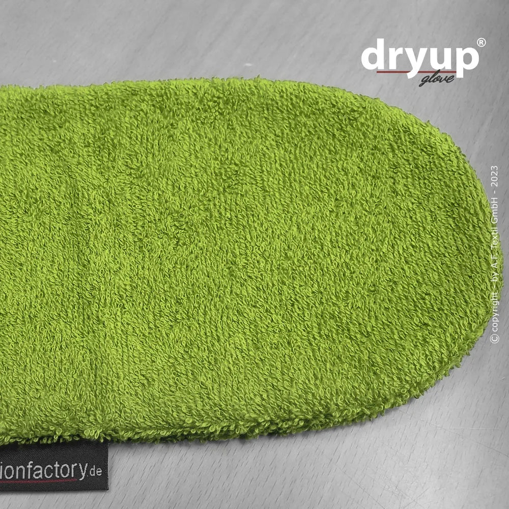 "Dryup® Handschuh in grün, flauschiges, saugfähiges Reinigungstuch für effiziente Pflege und Reinigung."