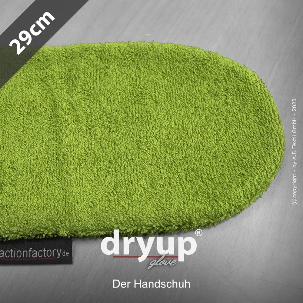 Grüner Dryup® Frottee-Handschuh (29 cm) auf neutralem Hintergrund mit Logo und Slogan. Ideal für trockene Hände.