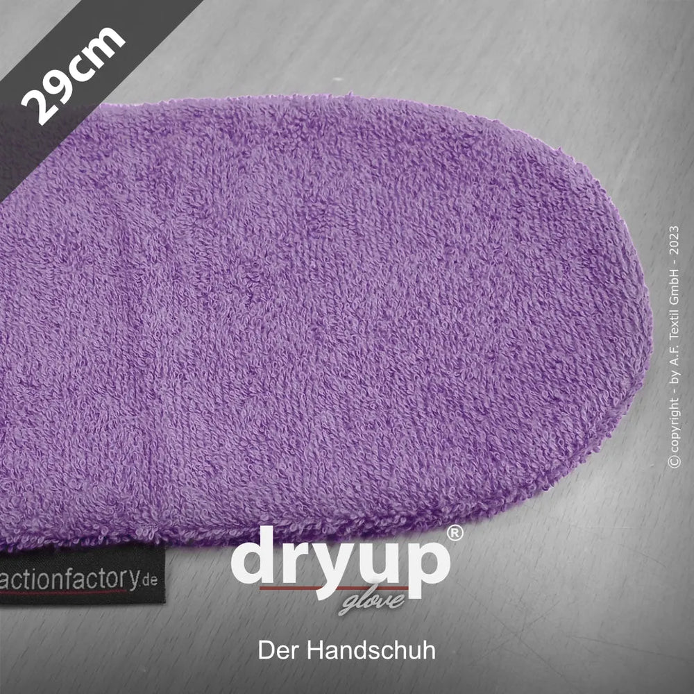 Lila Dryup® Handschuh aus weichem Frottee, oval geformt, 29 cm lang, mit dem Markennamen sichtbar.