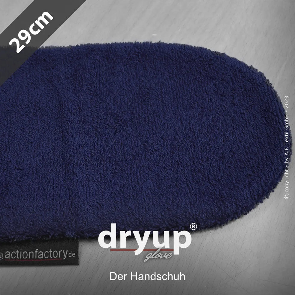 Blauer Dryup® Handschuh aus flauschigem Material, 29 cm lang, vor neutralem Hintergrund.