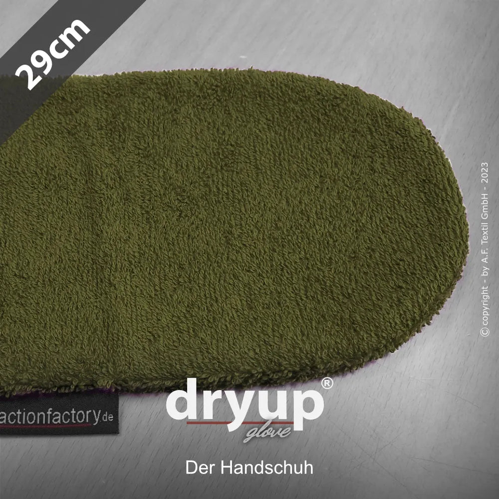 Grüner Dryup® Handschuh aus weichem Material, 29 cm lang, auf hellem Untergrund abgebildet.