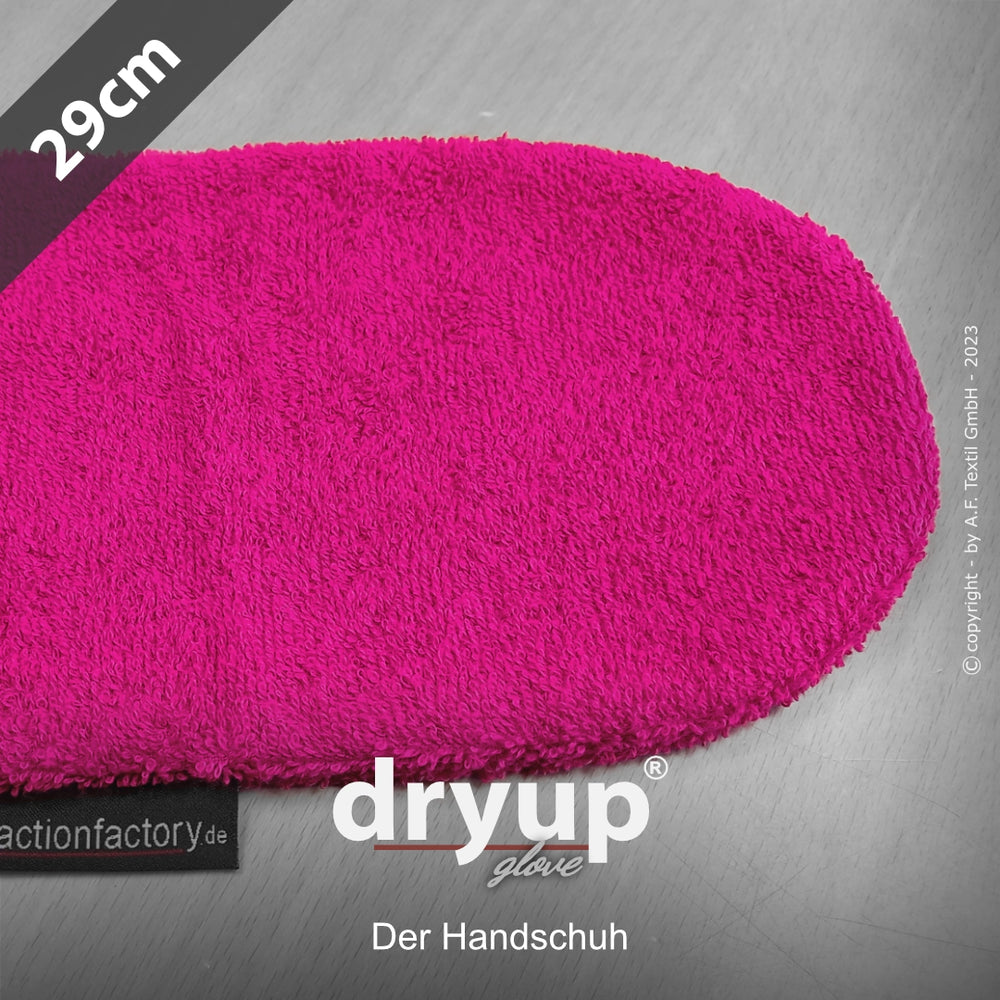 Pinkfarbener Dryup® Handschuh aus Flauschmaterial, oval geformt, ideal für trockene Hände bei kaltem Wetter.