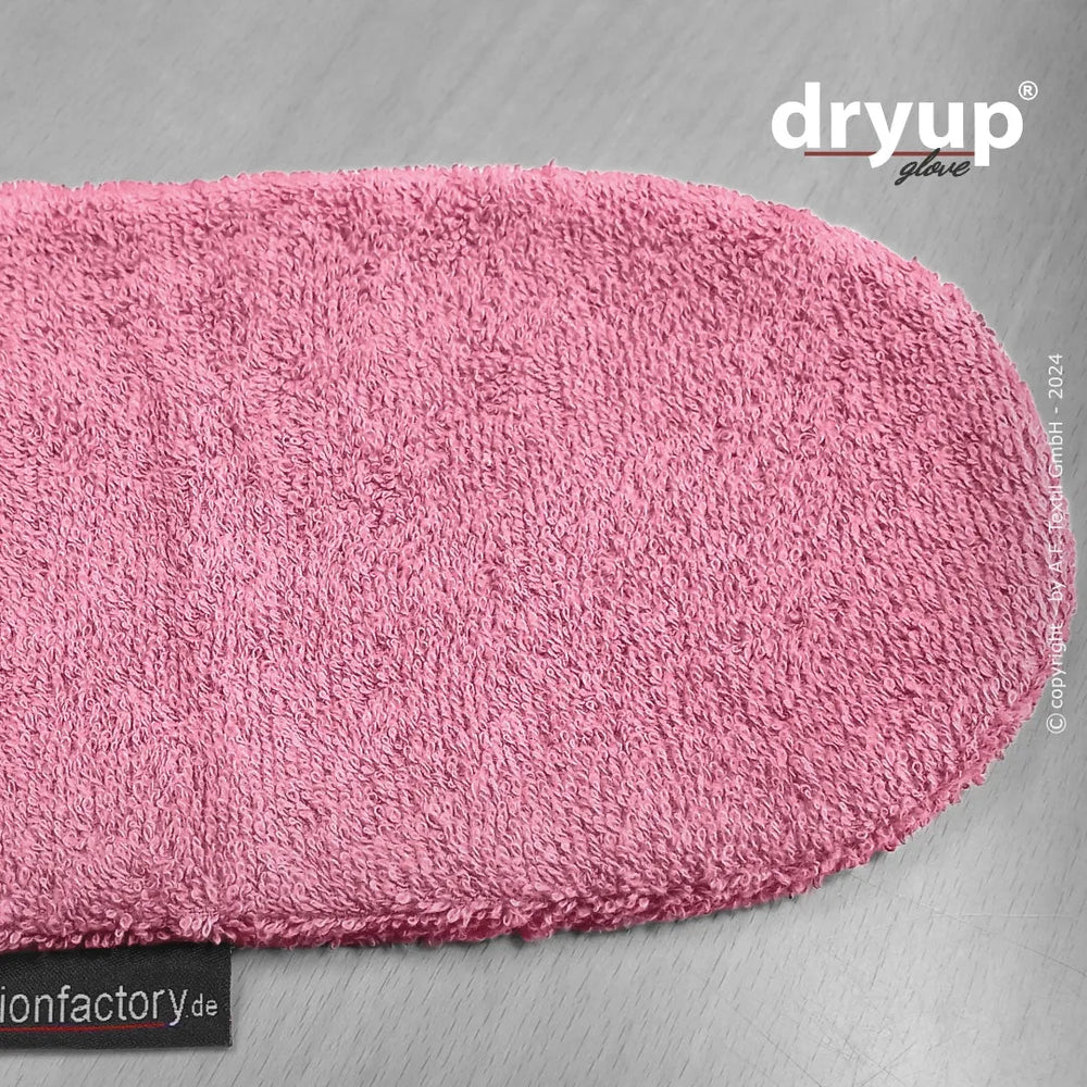Pinkfarbener Mikrofaser-Handschuh von Dryup®, weich und flauschig, perfekt zum Abtrocknen und Reinigen.