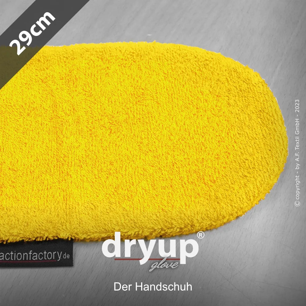 Gelber Dryup® Handschuh mit samtiger Oberfläche, 29 cm lang, ideal für feuchte Hände und vielseitige Anwendungen.