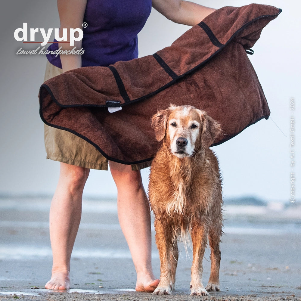 Eine Person mit lila Oberteil hält ein braunes dryup Handtuch, während ein nasser Golden Retriever vor ihr steht.