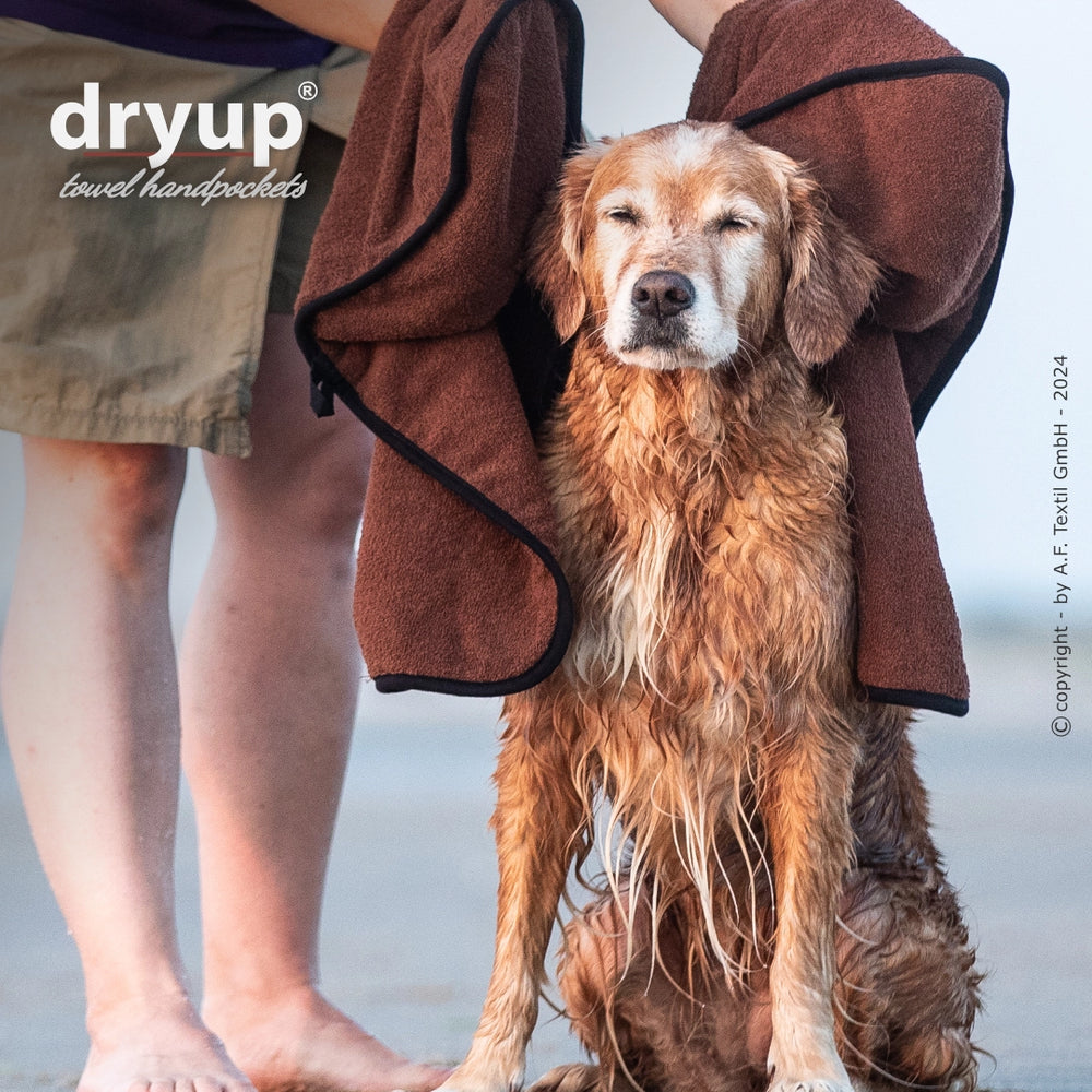 "Entspannter, nasser Hund mit goldenem Fell wird mit einem dryup® Handtuch abgetrocknet."