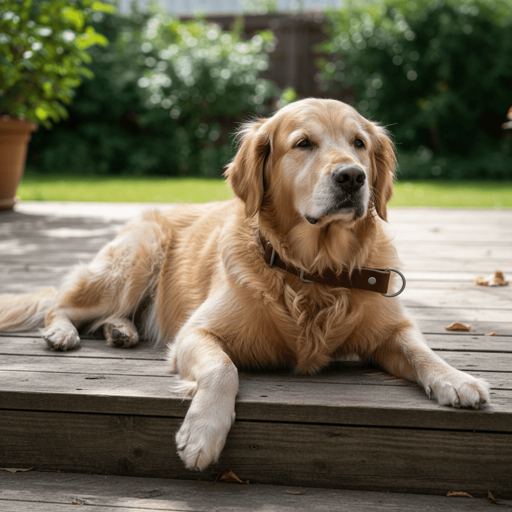 Entspannter Golden Retriever auf Holzdeck mit braunem Zugstopp Lederhalsband vor grünem Garten.
