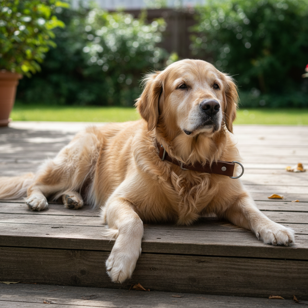Entspannter Golden Retriever auf Holzdeck mit braunem Zugstopp Lederhalsband vor grünem Garten.