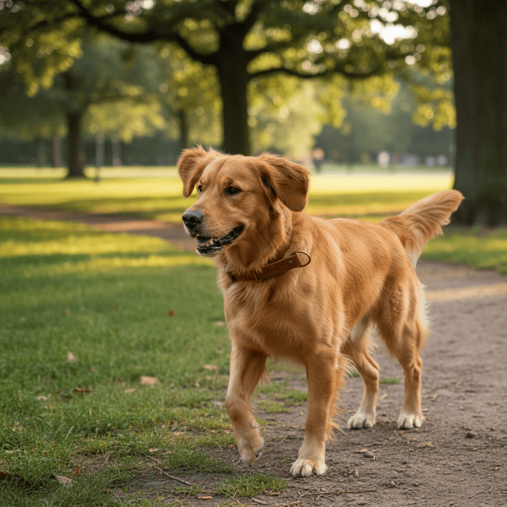 Golden Retriever mit Zugstopp Lederhalsband WALDSTREUNER beim Spaziergang im Park, umgeben von Bäumen und Wiese.
