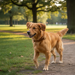 Golden Retriever mit Zugstopp Lederhalsband WALDSTREUNER beim Spaziergang im Park, umgeben von Bäumen und Wiese.