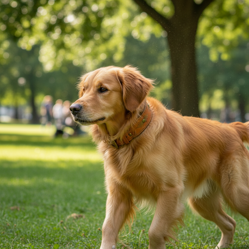 Golden Retriever mit Lederhalsband WOODSTOCK beim Spielen auf einer Wiese im Park an einem sonnigen Tag.