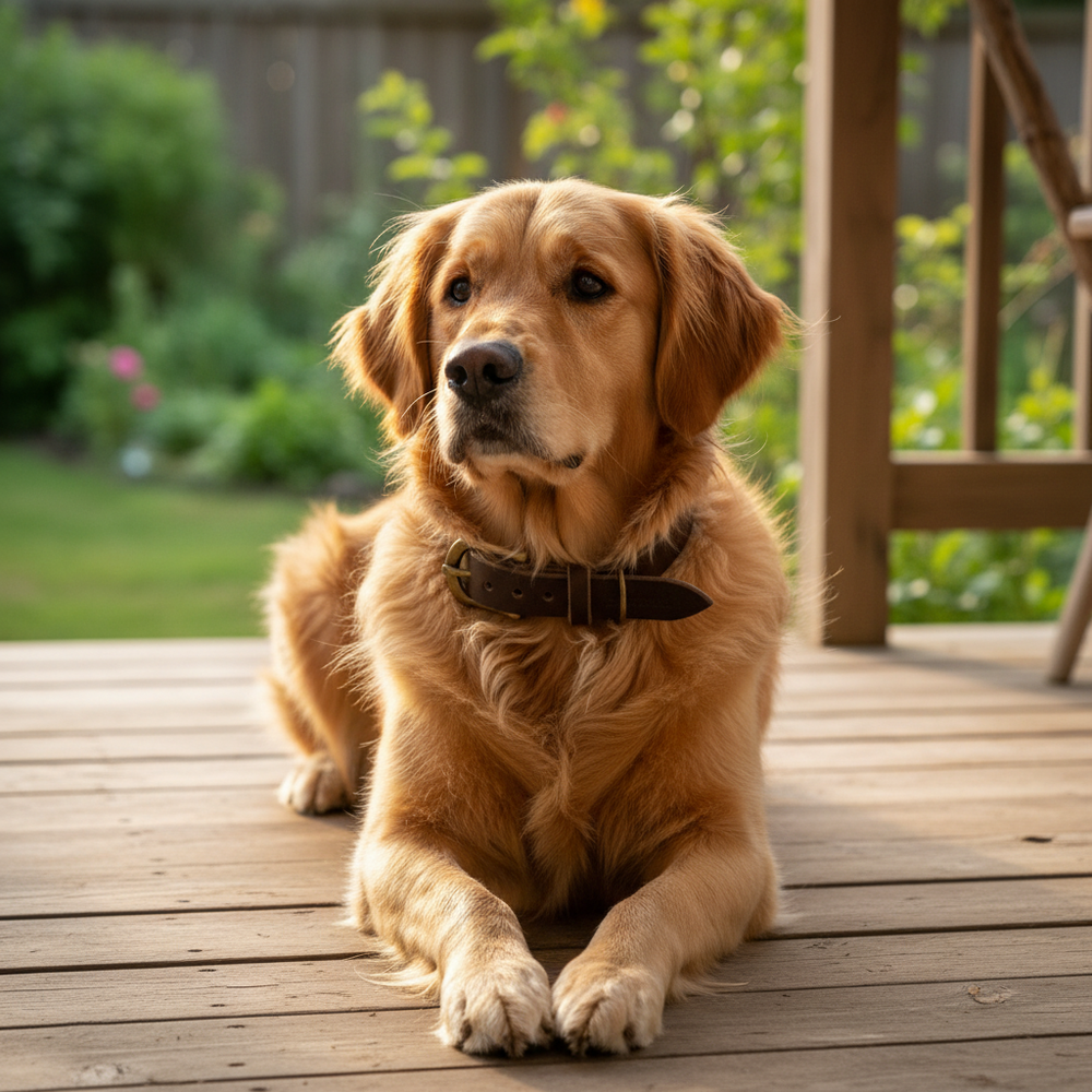 Golden Retriever mit glänzendem Fell auf Holzdeck, umgeben von grünen Pflanzen und Blumen in natürlicher Umgebung.