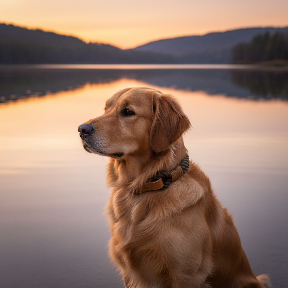 Golden Retriever am ruhigen See mit Sonnenuntergang, trägt ein Zugstopp Tauhalsband Ahoi, entspannte Atmosphäre.