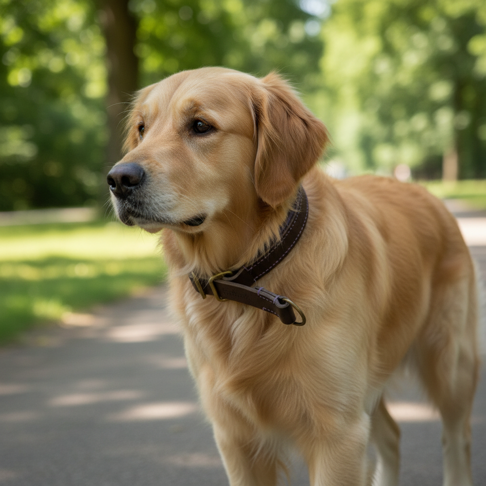 Golden Retriever mit braunem Lederhalsband Wildfang in einem parkähnlichen Bereich, umgeben von Bäumen.
