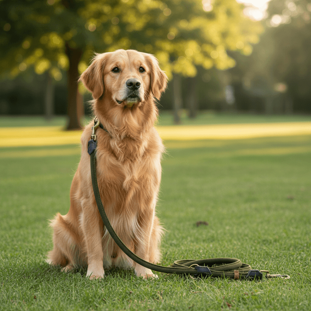 Golden Retriever auf der Wiese mit Geschirr und Leine von Wildfang, umgeben von Bäumen und parkähnlicher Landschaft.