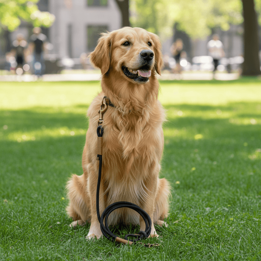 Golden Retriever auf grüner Wiese mit Halsband und Rundlederleine, im Hintergrund verschwommene Menschen und Bäume.