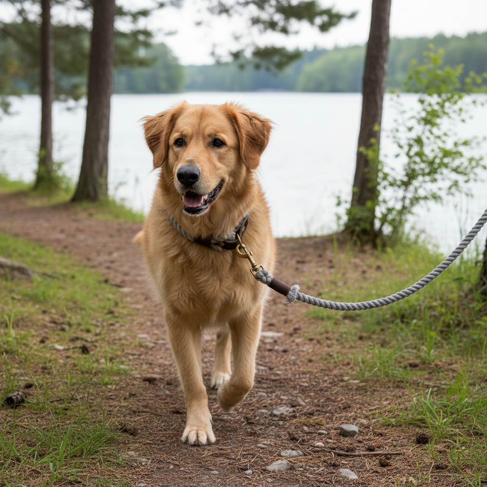 Goldener Labrador spaziert an einer Leine entlang eines naturbelassenen Weges am Gewässer, umgeben von Bäumen.