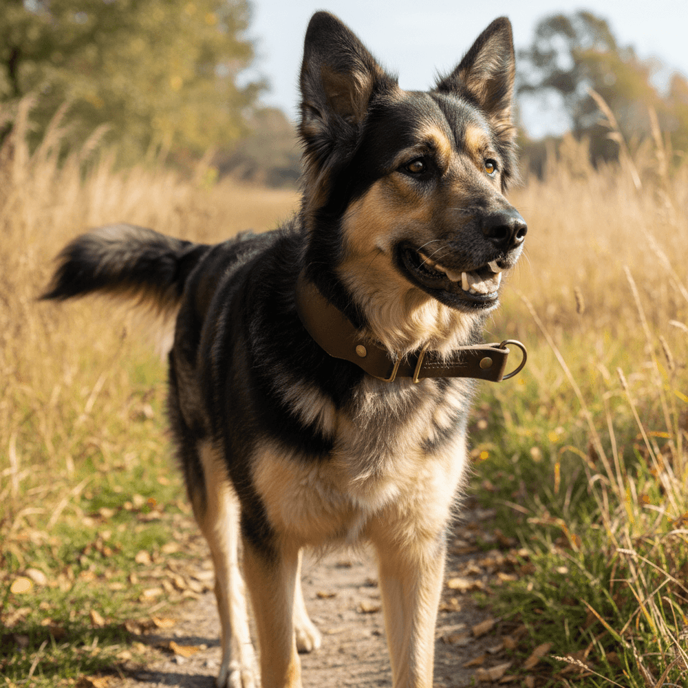 Hund mit glänzendem Fell und braunem Zugstopp Lederhalsband WALDSTREUNER läuft in grüner Landschaft.