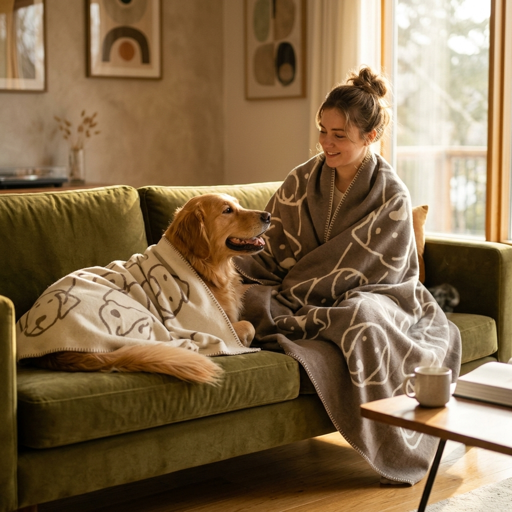 Frau und Golden Retriever gemütlich in Decken eingehüllt auf einem grünen Sofa, entspannte Atmosphäre mit großen Fenstern im Hintergrund.