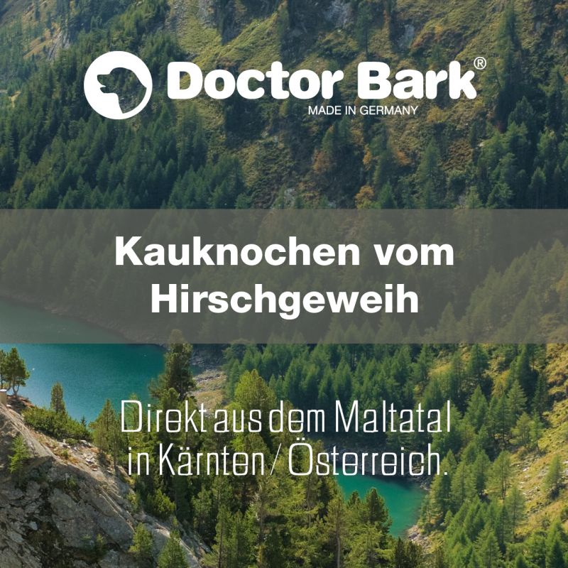Naturlandschaft mit Bergen und See, Werbung für Doctor Bark Kauartikel aus Hirschgeweih im Maltatal, Kärnten.