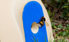 Beiger Nistkasten für Hummeln mit blauem Eingangsloch, Hummel sitzt am Eingang, umgeben von grünem Gras.