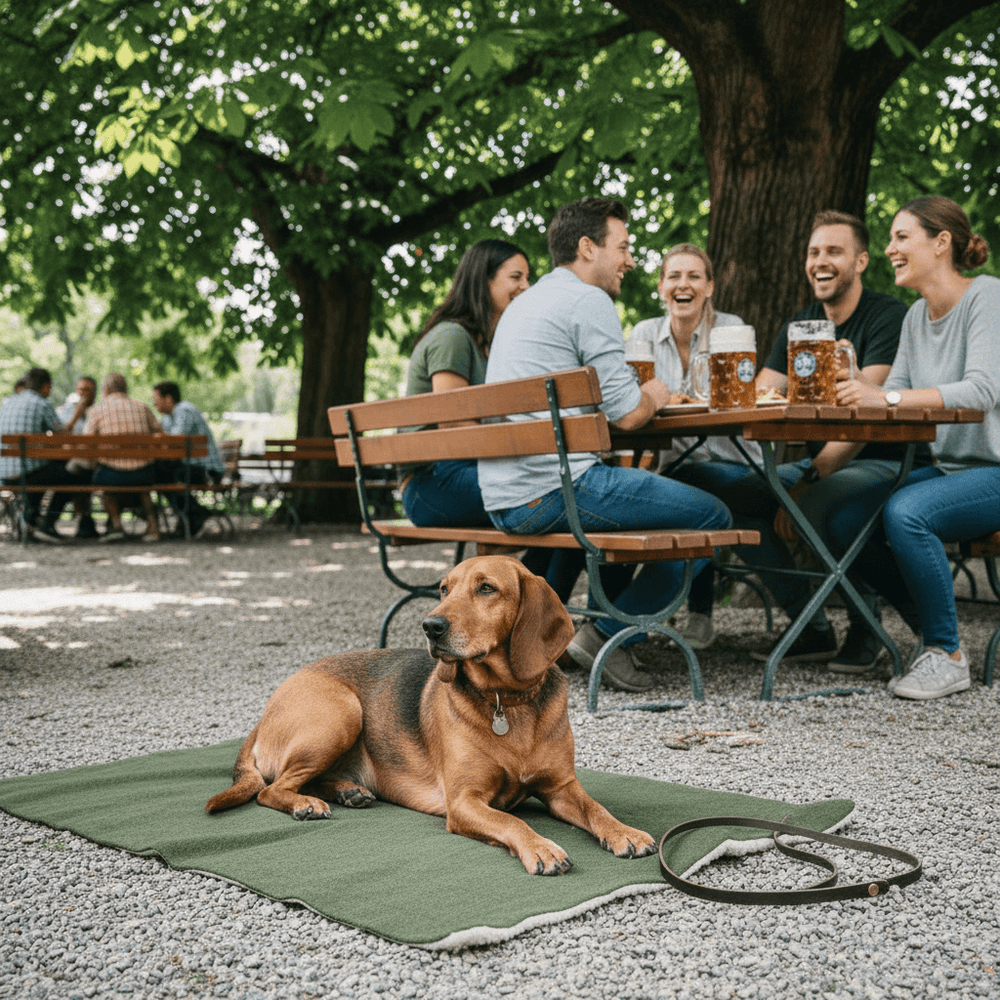 Hund entspannt auf grüner Reisedecke, im Hintergrund gesellige Runde unter Baum mit Getränken.
