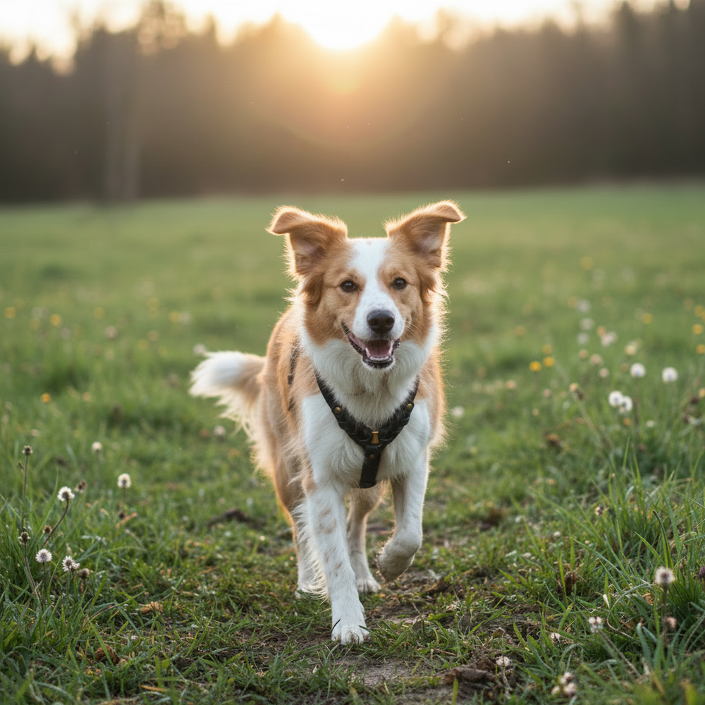 Braun-weißer Hund mit Ledergeschirr läuft fröhlich über Wiese mit Blumen, Sonnenuntergang im Hintergrund.