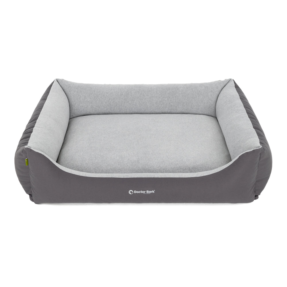 Hundebett Green Label in Grau mit erhöhtem Rand und weicher, gepolsterter Oberfläche für Hunde.