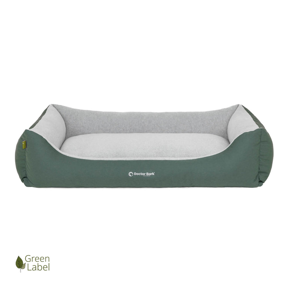 Rechteckiges Doctor Bark Hundebett in grün mit grauem Innenbereich, gepolstert und hundefreundlich. Ideal für Ihren Vierbeiner.