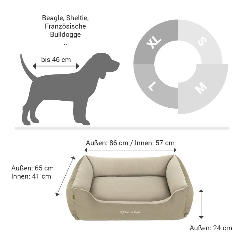 Beiges Hundebett von Doctor Bark, Außenmaße 86 cm x 65 cm, Innenmaße 57 cm x 41 cm, komfortabel und stilvoll.