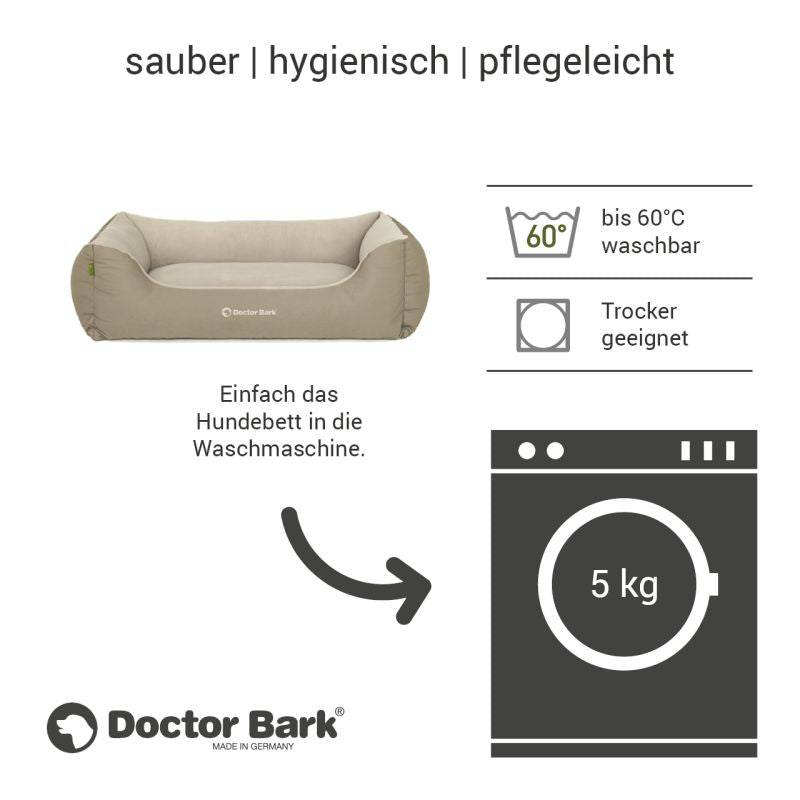 "Hundebett von Doctor Bark in neutralen Farben, waschbar bis 60°C, hygienisch und pflegeleicht – ideal für Ihren Hund."