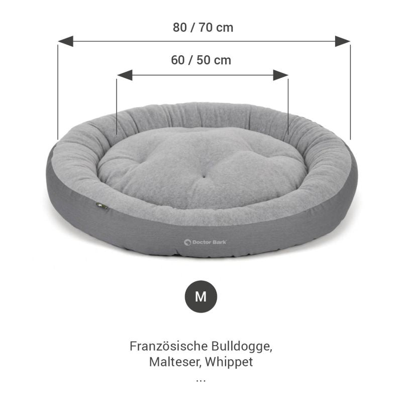 Rundes Hundenest in Grau mit weicher Oberfläche, bequeme Liegefläche, Größen 80/70 cm und 60/50 cm.