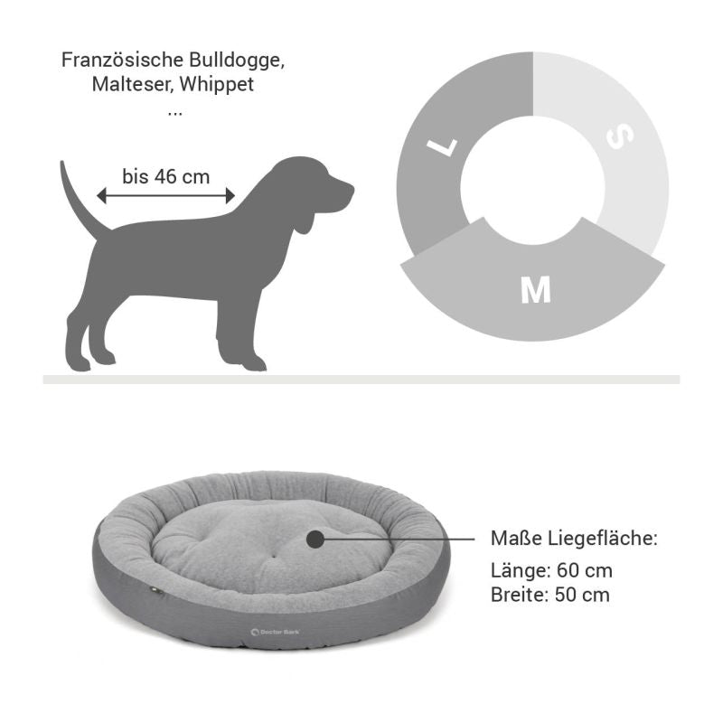 Ovales Hundebett in Grau, Maße 60x50 cm, ideal für gemütliche Ruheplätze Ihrer Hunde.