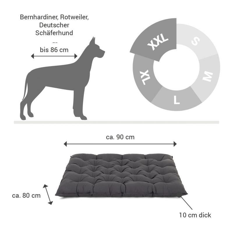 Dunkelgraues orthopädisches Hundebett (90x80 cm) mit Hunderassensilhouetten für hohen Komfort und Unterstützung.