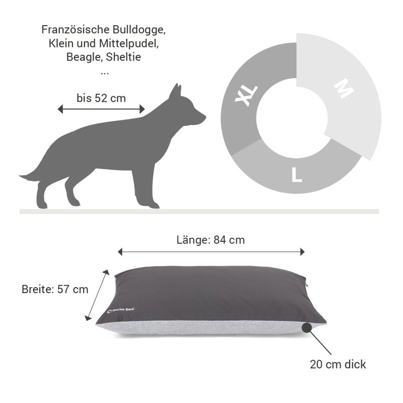 Hundebett mit Überzug, 84x57 cm, zeigt Hunderassen-Silhouetten für gemütlichen Schlafplatz.