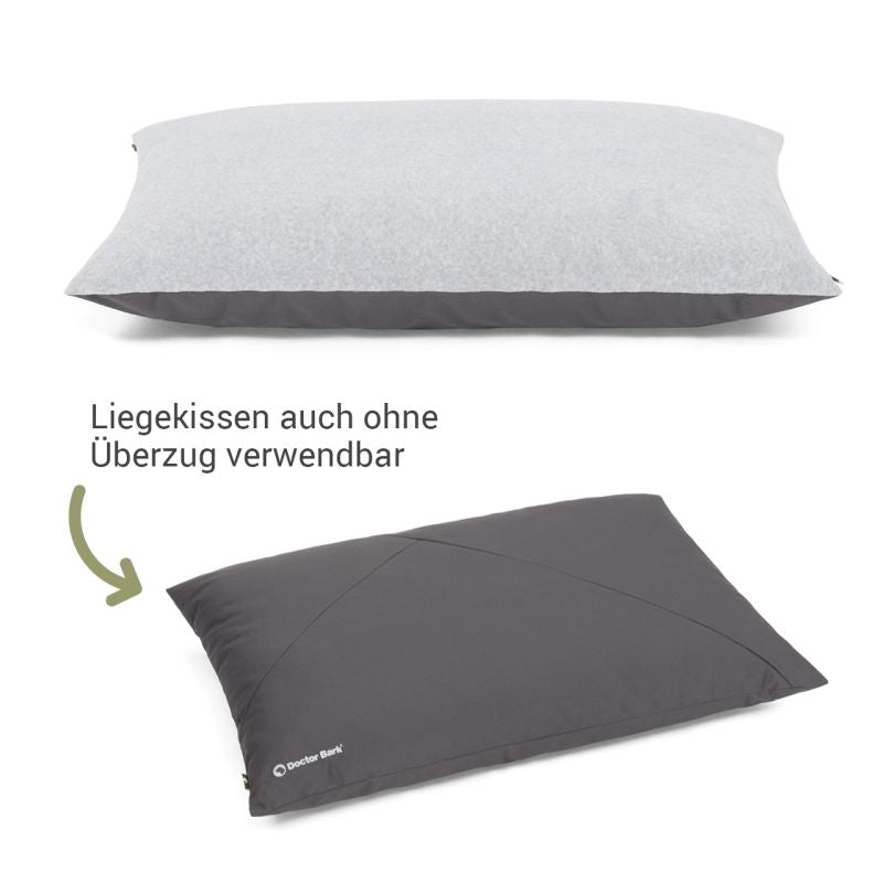 Graues Liegekissen mit dunkelgrauem Unterteil, auch ohne Überzug nutzbar. Ideale Ergänzung für Ihr Zuhause.