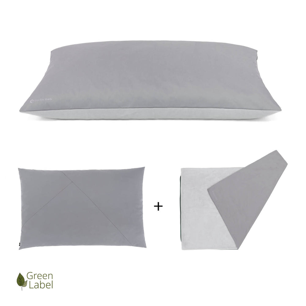 Graues Doctor Bark Country-Kissen mit modernem abnehmbarem Bezug von Green Label und zusätzlichem Bezug in gleicher Farbe.