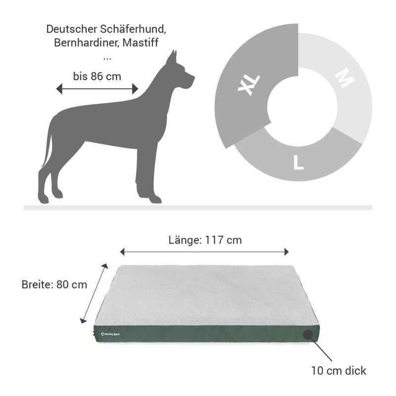 Lounge Kissen für große Hunde wie Schäferhund und Bernhardiner, 117x80 cm, 10 cm dick, bequem und rustikal.